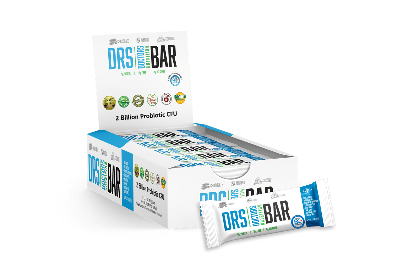 Key ingredients of Drs Nutrition Bar Almond Chocolate Coconut, featuring natural and nutritious flavors