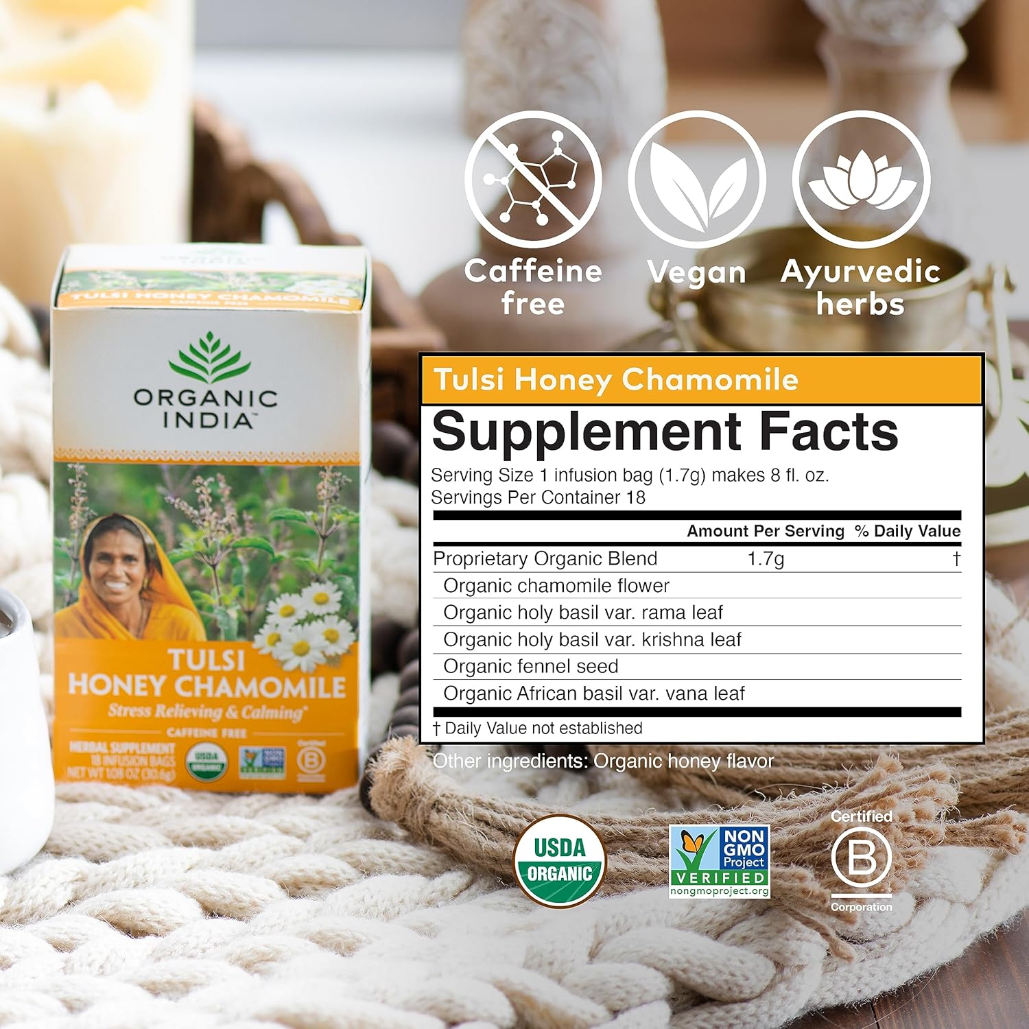 Tulsi Honey Chamomile Tea 18 Bags – Organic Herbal Tea for Relaxation, Stress Relief, and Better Sleep