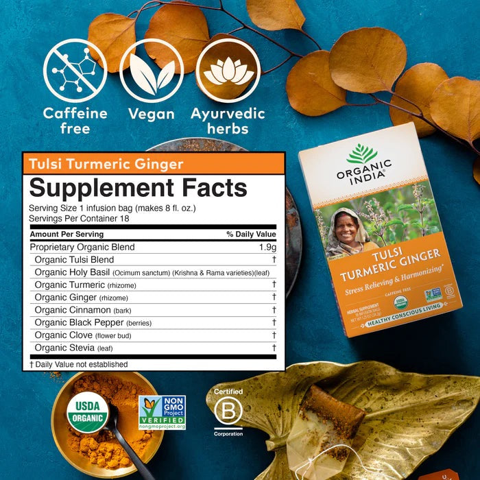 Tulsi Turmeric Ginger Tea 18 Bags – Organic Herbal Tea for Inflammation Relief, Digestive Health, and Immune Support