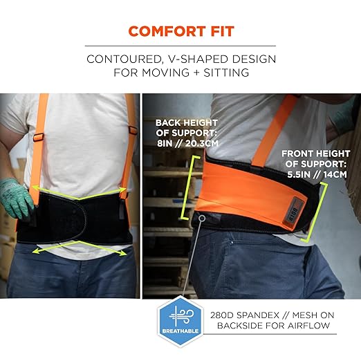 Ergodyne ProFlex 100HV Back Support Brace, High Visibility Support Belt, 8" Spandex Material, Removeable Straps,Orange,Small