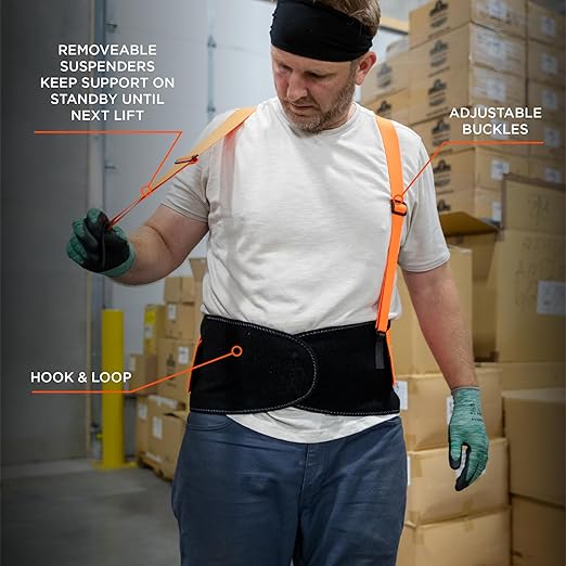 Ergodyne ProFlex 100HV Back Support Brace, High Visibility Support Belt, 8" Spandex Material, Removeable Straps,Orange,Small