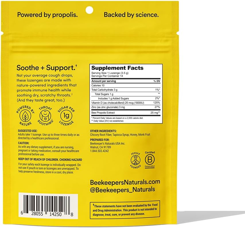 BeeKeeper's Natural Propolis Soothing Lozenges Honey – 14 Drops for Throat Relief with Pure Propolis