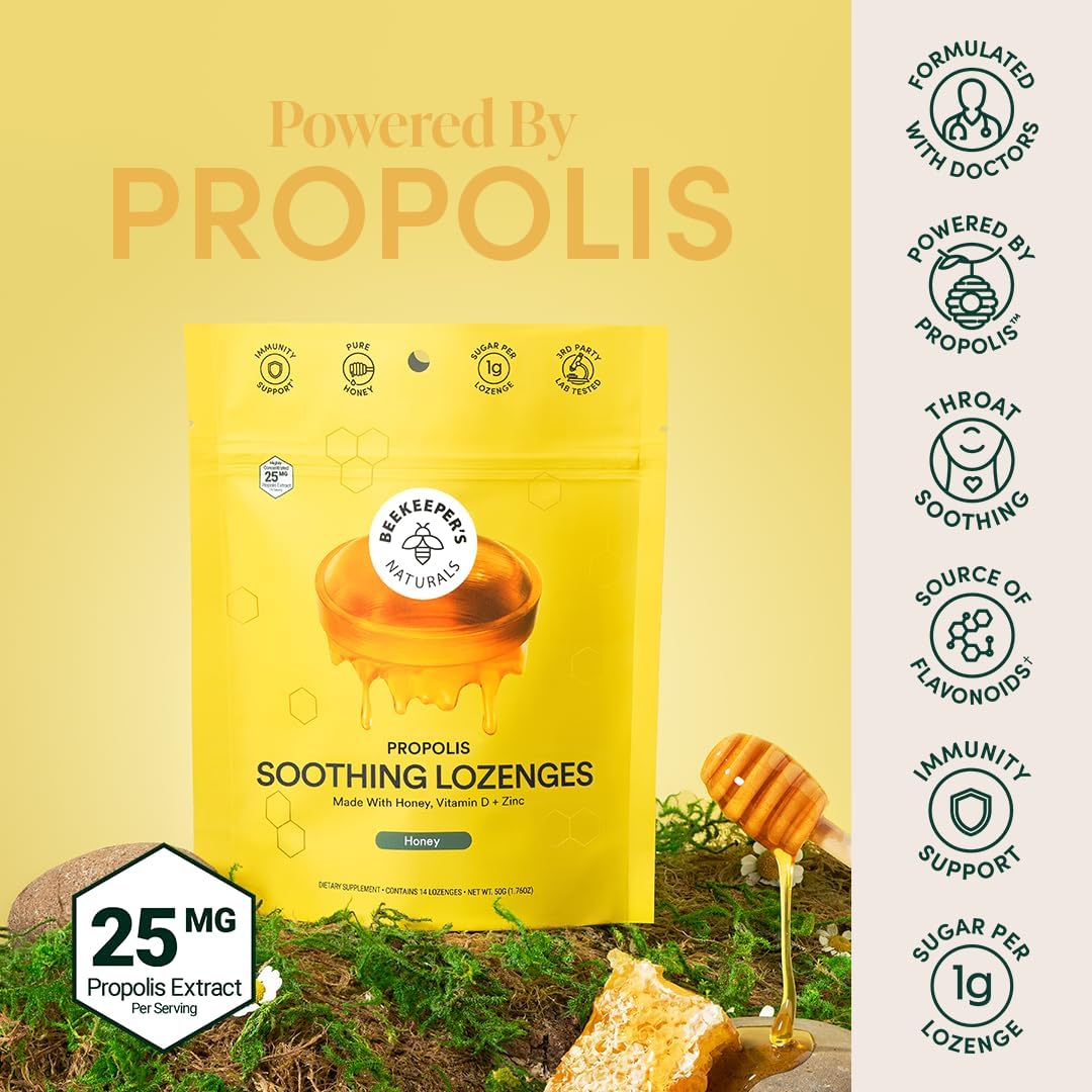 BeeKeeper's Natural Propolis Soothing Lozenges Honey – 14 Drops for Throat Relief with Pure Propolis
