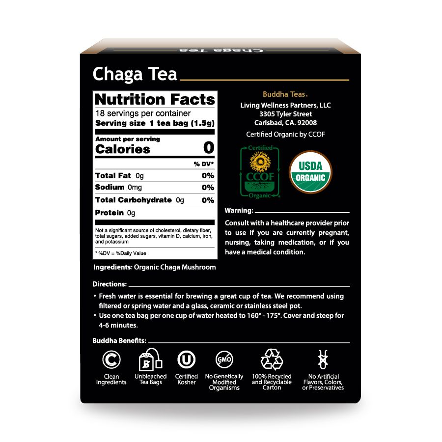 Buddha Teas Chaga Tea – Immune-Boosting Organic Wellness Tea 18 Bags