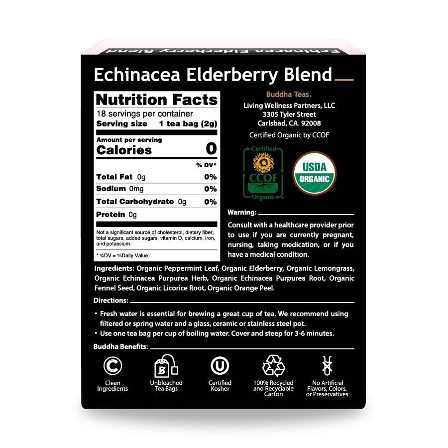 Buddha Teas Echinacea Elderberry Tea – Immune-Boosting Herbal Blend 18 Bags