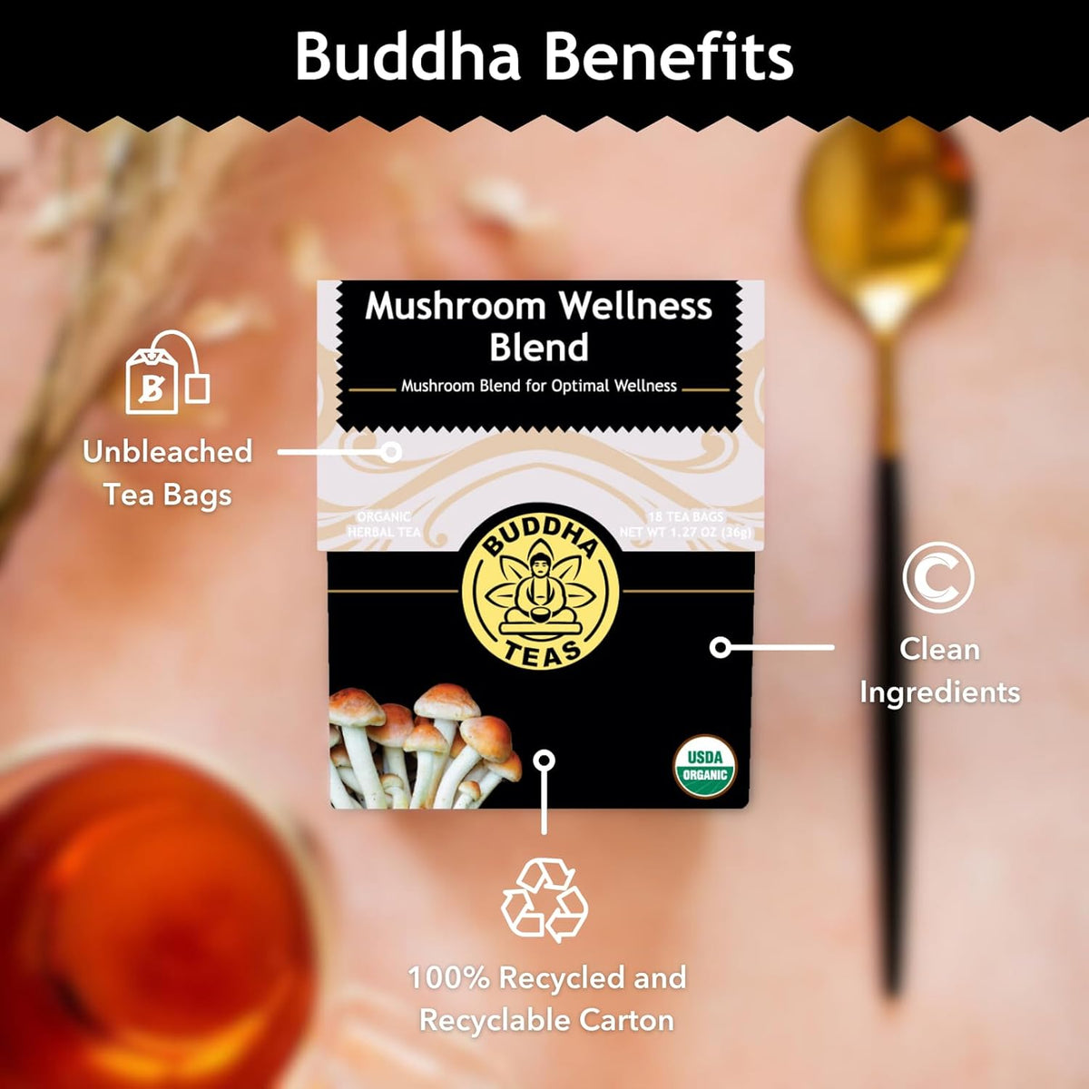 Buddha Teas Mushroom Wellness Blend – Organic Immunity & Vitality Tea 18 Bags