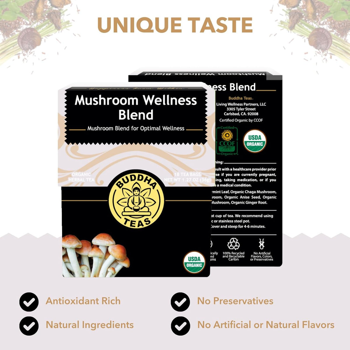Buddha Teas Mushroom Wellness Blend – Organic Immunity & Vitality Tea 18 Bags