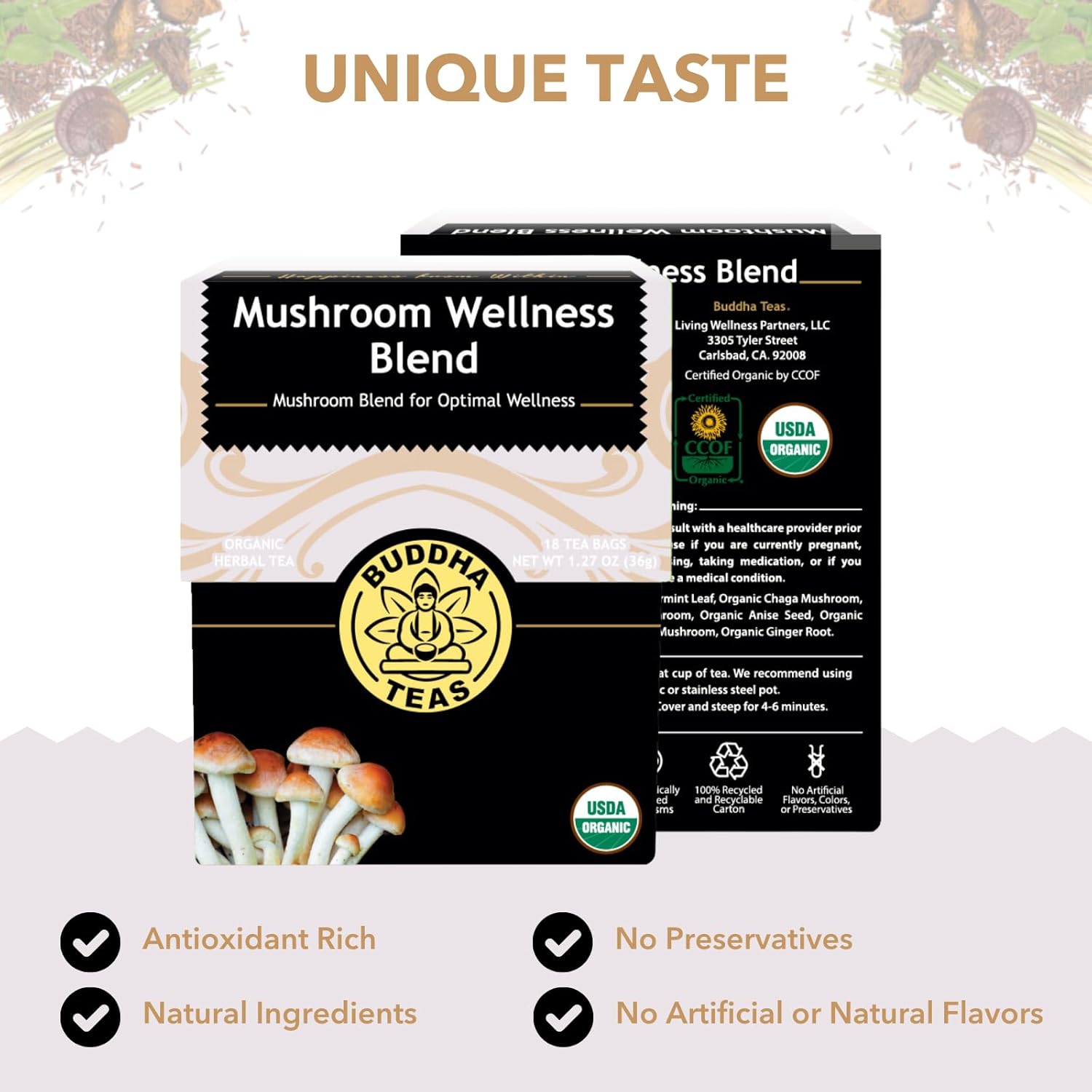 Buddha Teas Mushroom Wellness Blend – Organic Immunity & Vitality Tea 18 Bags