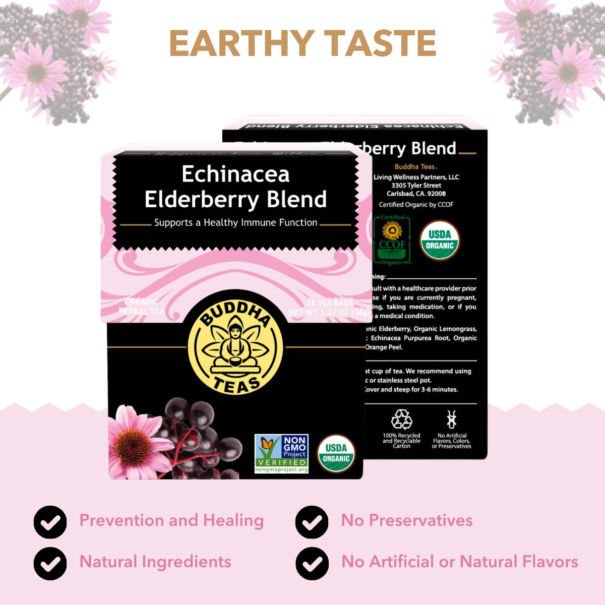 Buddha Teas Echinacea Elderberry Tea – Immune-Boosting Herbal Blend 18 Bags