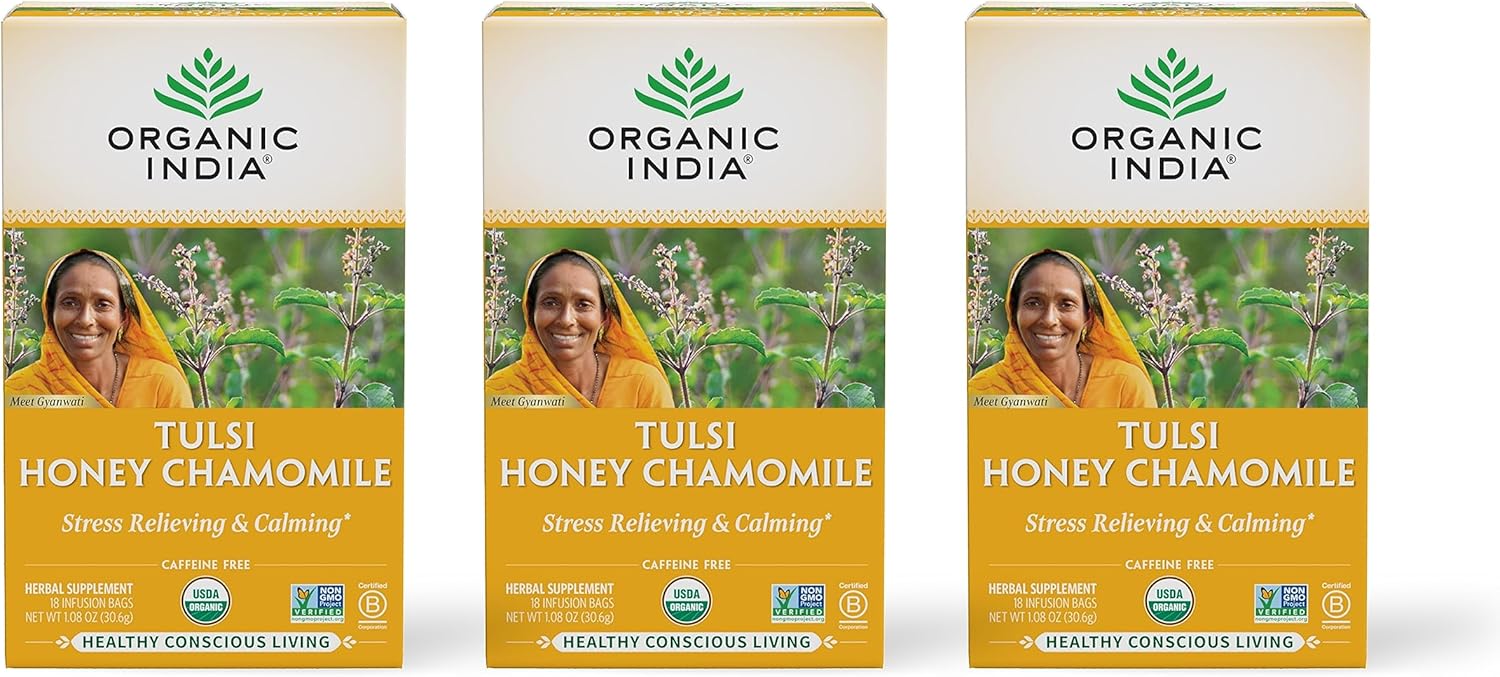 Tulsi Honey Chamomile Tea 18 Bags – Organic Herbal Tea for Relaxation, Stress Relief, and Better Sleep