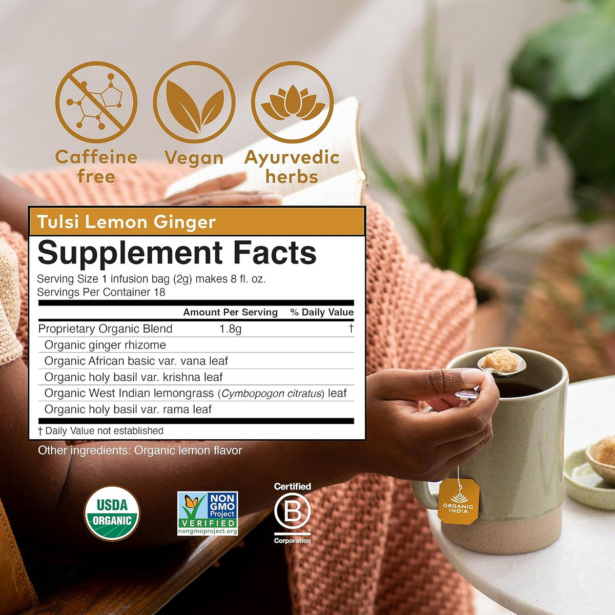 Tulsi Lemon Ginger Tea 18 Bags – Organic Herbal Tea for Digestion, Immunity Boost, and Energizing Refreshment