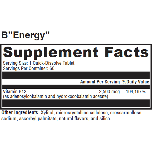 Close-up of the UltraPlex B Energy supplement facts label detailing key B-vitamin ingredients.