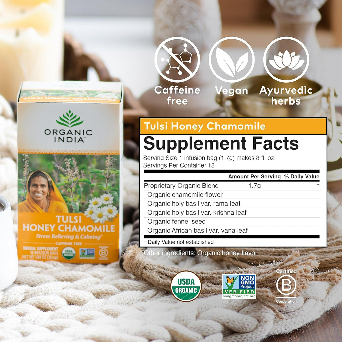 Tulsi Honey Chamomile Tea 18 Bags – Organic Herbal Tea for Relaxation, Stress Relief, and Better Sleep