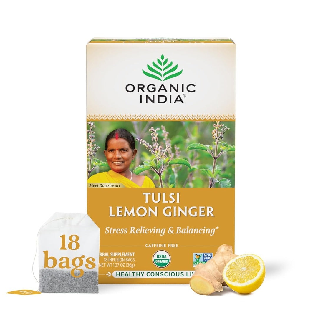 Tulsi Lemon Ginger Tea 18 Bags – Organic Herbal Tea for Digestion, Immunity Boost, and Energizing Refreshment