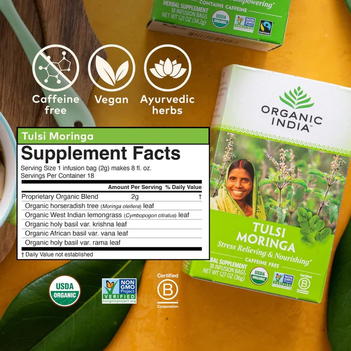 Tulsi Moringa Tea 18 Bags – Organic Herbal Tea for Immunity Boost, Energy, and Detox Support