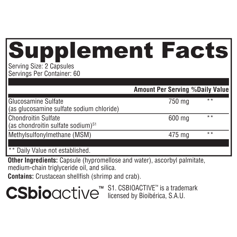 Close-up of UltraPlex Joint Support/Recovery (120 capsules) showing supplement facts and key joint-supporting ingredients.
