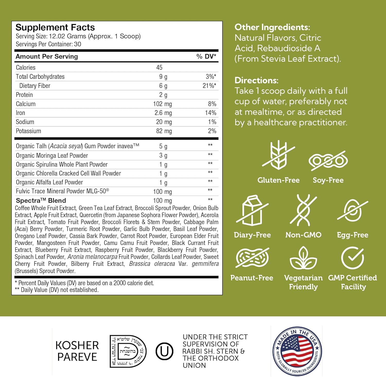 Core Greens Powder by Zahler – 30 Servings of Alkalizing Superfoods for Detox, Energy, and Overall Wellness