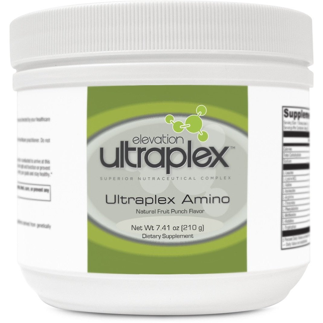 UltraPlex Amino (210 g) powder container with clear, labeled front view.