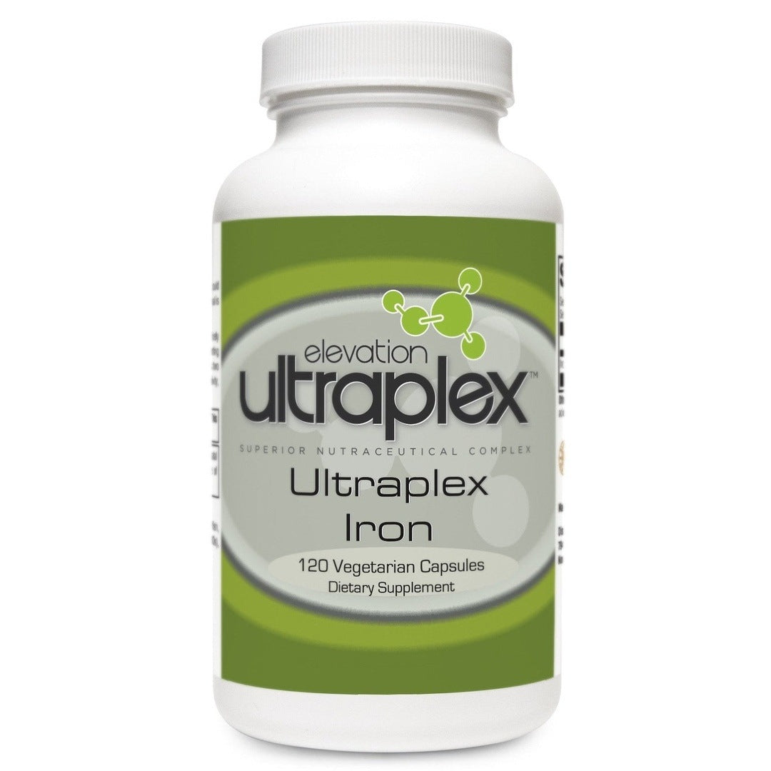 UltraPlex Iron (120 vegetarian capsules) bottle with clear label for energy and immune support.